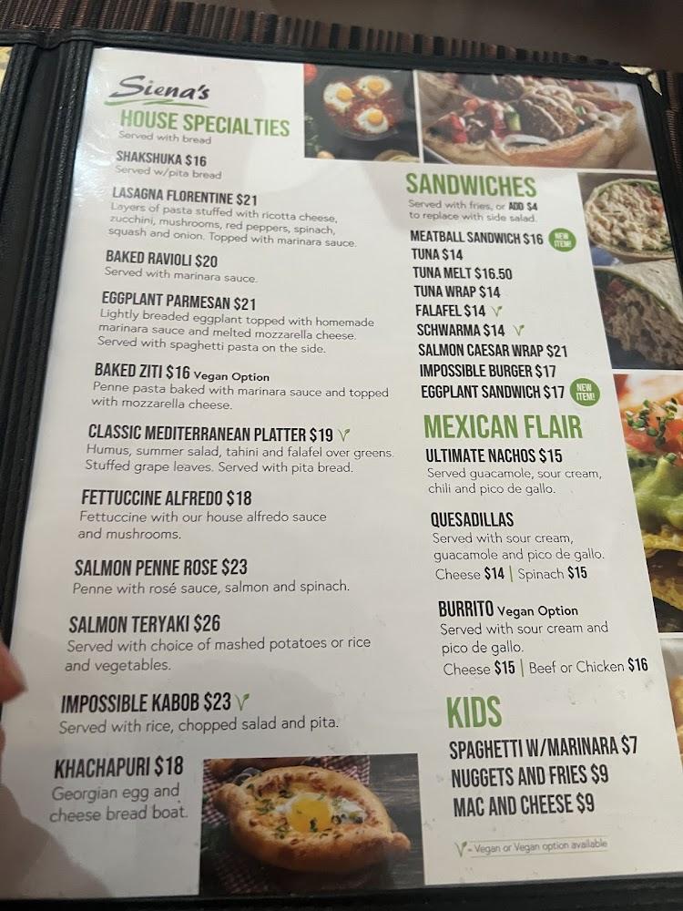 Siena's Vegetarian Pizzeria Restaurant Menu image 1